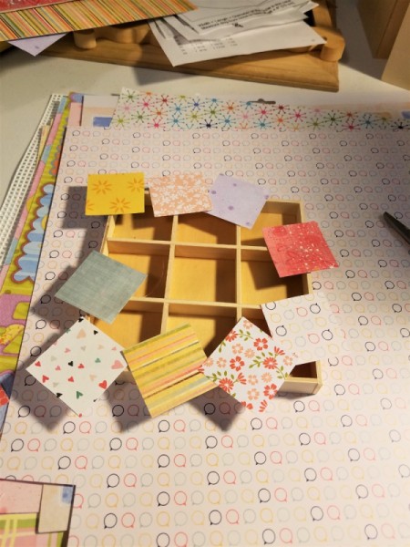 Scrabble Nine Patch Shadow Box - glue paper squares in the box sections