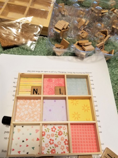Scrabble Nine Patch Shadow Box - glue the Scrabble pieces to spell out the quilt block