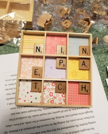 Scrabble Nine Patch Shadow Box - letters spell "nine patch", allow to dry for 12 hours