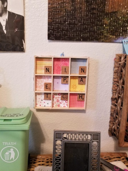 Scrabble Nine Patch Shadow Box - glue fabric around the edges and hang with a paper clip glued to the back