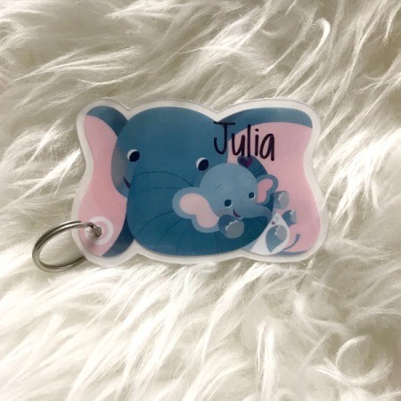 Child's Backpack Tag - finished elephant gift card tag on white background