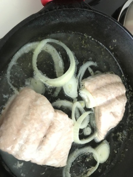 Poached Salmon in pan
