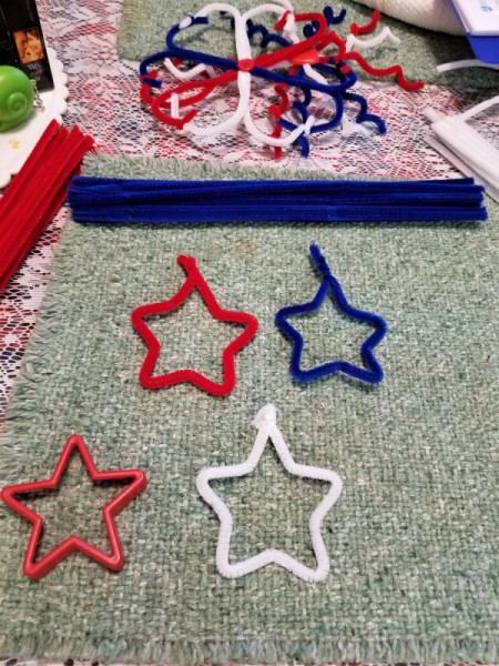 Chenille Stem Firework and Star Decorations - red, blue, and white chenille stars
