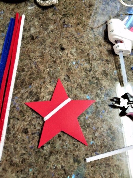 Chenille Stem Firework and Star Decorations - stars left over from placemat project wrapped with chenille stems (white)