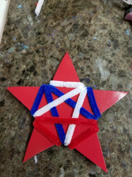 Chenille Stem Firework and Star Decorations - three colors wrapped around the red star