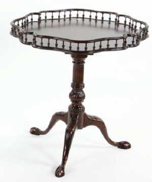 Information on a Pair of Tilt Top Tables  - three legged mahogany finish somewhat oval table with rail edging