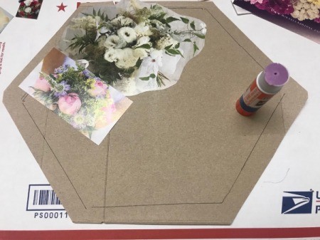 Floral Framed Collage - begin gluing the clippings with a glue stick to the plain side of the hexagon