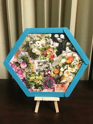 Floral Framed Collage - hexagon on a small easel