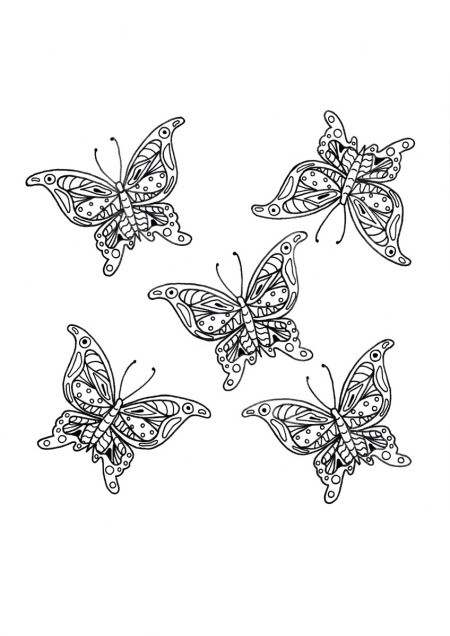 Swarm of Ornamental Butterflies - coloring page with five butterflies