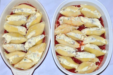 Stuffed Shells with Sausage and Cheese in baking dishes
