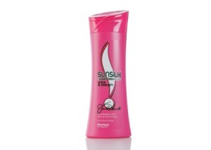 Pink Sunsilk shampoo bottle.