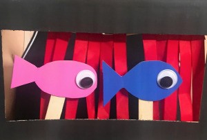 How to Make a Shoebox Theater - two fish behind the stage