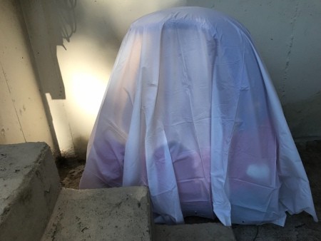 An outdoor car covered with a plastic shower curtain liner.