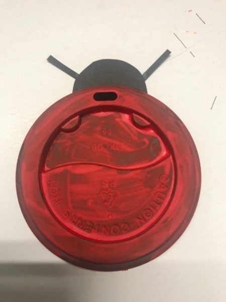 Recycled Coffee Lid Animals - glue head to create ladybug on red pained lid
