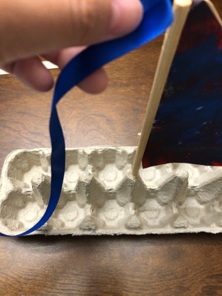 Egg Carton Sail Boat - tie ribbon to the top of the chopstick