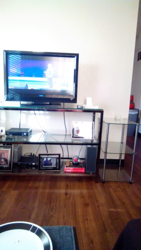 Living Room Paint Color Advice - TV on shelves against white wall