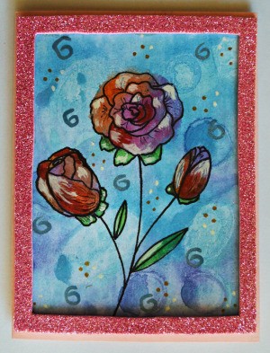 Watercolor Roses Birthday Card - finished card with pink glitter foam frame