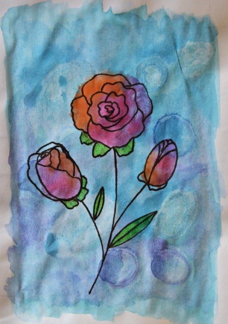 Watercolor Roses Birthday Card - color leaves with the felt tip pen