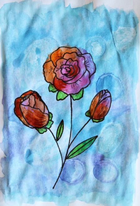 Watercolor Roses Birthday Card - use the black pen to add dimensional detail to the roses