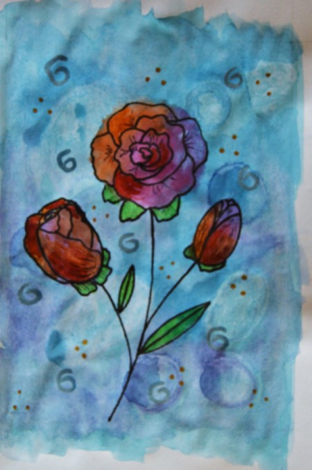 Watercolor Roses Birthday Card - use the metal pens to add detail to the background