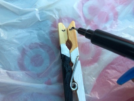 Bride and Groom Clothespin Decor - use maker to draw closed eyes and add eye lashes to the bride's eyes