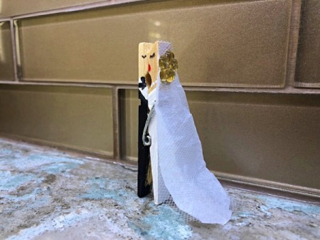 Bride and Groom Clothespin Decor - press the flower sticker onto the tulle