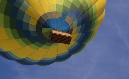 A colorful hot air balloon in the sky.