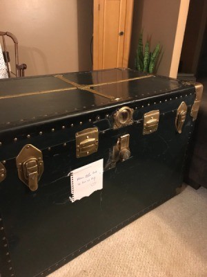 Determining the Age and Origin of an Antique Trunk - blue trunk with brass fittings