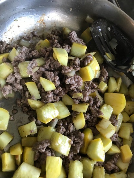 Summer Squash, onions and Beef in pan