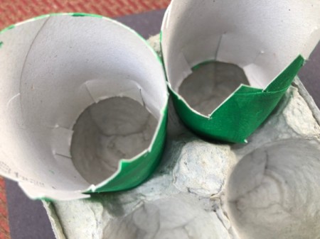 Egg Carton Alligator - cut short strips in top of TP tubes so they fit inside the egg holding depressions