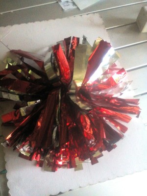 DIY Cheering Pom Poms  - finished red and silver pom pom