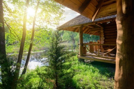 Wood cabin on a river.