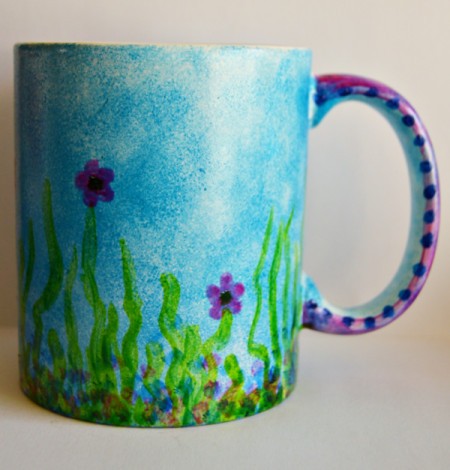 Mug Turned Colorful Candle Holder - add blue dots to both sides of the handle