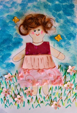 Flower Girl Kid Collage Activity - finished artwork with butterflies glued in place