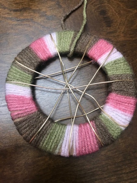 Recycled Cardboard Ring and Yarn Dreamcatcher - continue wrapping the wire to create the