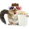 Chipmunk wearing 3D glasses holding a box of popcorn.