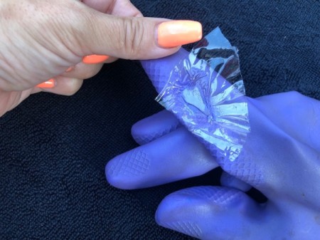 How to Patch Tears in Rubber
 Gloves - cover with a piece of plastic wrap and press down with a heavy object or clothespin until dry