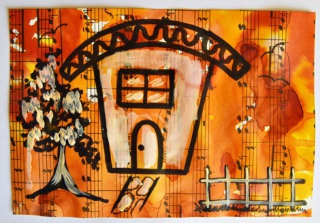 Naïve House Unisex Birthday Card - use the white paint to add details to tree, house, path and fence; use thin point pen to add birds and grass