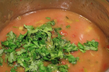 adding cilantro to sauce