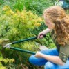 Woman with curly red hair trimming a Japanese Maple Tree.