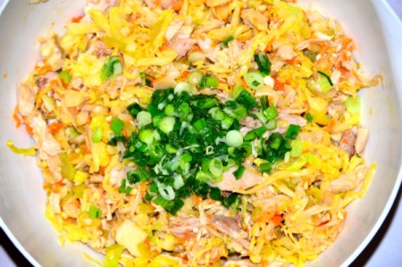 cooked veggies and chicken for rolls