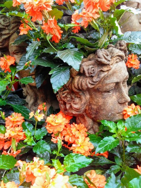 Stillness in Bloom - bust of a head surrounded by orange flowers