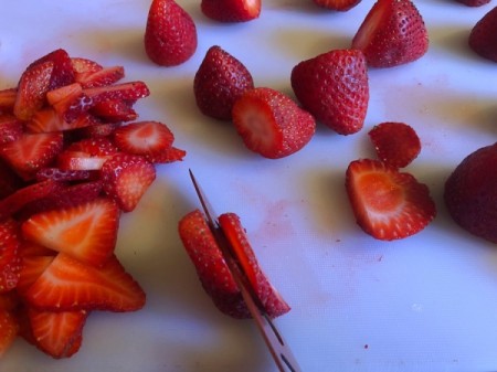 slicing strawberries