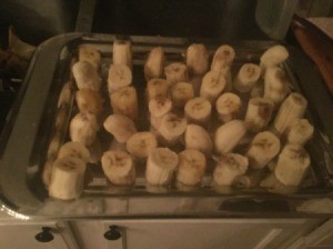 Frozen Banana pieces on tray