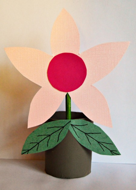 Toilet Roll Flower-in-a-Pot Kids Craft - trace and cut out 4 leaves, add detail with pen and glue 2 to each flower pot