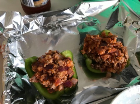Stuffing Peppers with Cauliflower Rice mixture