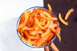 Candied grapefruit peels in a bowl.