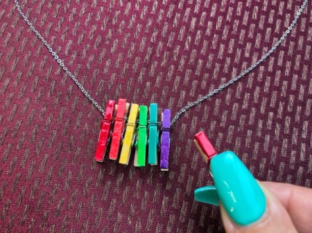 Mini Clothespin Rainbow Necklace - clip on the pins in a rainbow arrangement