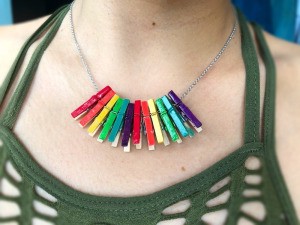 Mini Clothespin Rainbow Necklace - closeup of woman wearing the necklace