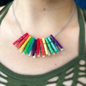 Mini Clothespin Rainbow Necklace - closeup of woman wearing the necklace
